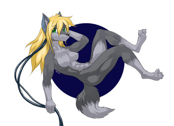 anthro blonde_hair breasts digitigrade female fur green_eyes grey_body grey_fur hair looking_at_viewer markings nipples nude simple_background solo tail white_background year orochi_(artist) jensca canid canine canis mammal wolf 2012 hi_res