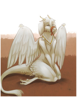 anthro biped blue_eyes feathered_wings feathers half-closed_eyes horn jewelry kneeling male muzzle_(object) muzzled narrowed_eyes necklace simple_background solo tail wings hoot_(artist) unknown_species