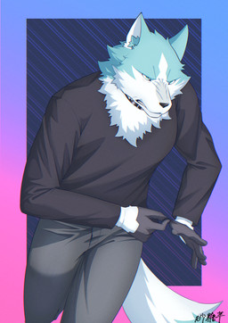 angry anthro belt black_clothing black_topwear bottomwear clothing fur gloves gradient_background grey_bottomwear grey_clothing grey_pants handwear inner_ear_fluff long_sleeves male multicolored_body multicolored_fur pants running shirt simple_background solo topwear tuft oimo_osato_(artist) brand_new_animal netflix studio_trigger shirou_ogami canid canine canis mammal wolf 2022 absurd_res hi_res signature