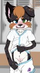 anthro baseball_uniform blue_eyes blush bottomwear bottomwear_down brown_body brown_fur brown_hair clothed clothing clothing_lift female flat_chested fur gender_confusion genitals green_eyes grey_body grey_fur hair heterochromia innie_pussy locker_room looking_at_viewer multicolored_body multicolored_fur narrow_hips navel partially_clothed presenting presenting_pussy pussy shirt shirt_lift shorts shorts_down solo sportswear tomboy topwear uniform white_body white_fur young young_anthro young_female hiroketzio juno_clark australian_shepherd canid canine canis domestic_dog herding_dog mammal pastoral_dog sheepdog absurd_res hi_res