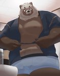 anthro brown_body clothing detailed_background inside jinbei_(clothing) kemono male musclegut muscular overweight overweight_male solo underwear en_1_9 canid canine mammal raccoon_dog tanuki 2023 absurd_res hi_res