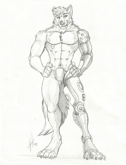 abs anthro claws front_view glistening glistening_eyes hair male male_anthro muscular muscular_anthro muscular_male navel neck_tuft pecs prosthetic prosthetic_arm prosthetic_leg prosthetic_limb pubes short_hair simple_background smile solo standing tail toe_claws tuft hufnaar canid canine mammal 2019 dated full-length_portrait hi_res monochrome portrait sketch