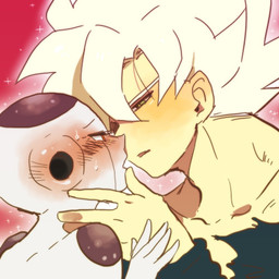 5_fingers bald bangs blonde_hair blush bodily_fluids caressing caressing_chin caressing_face clothed clothing duo eye_contact eyebrows fingers flustered glowing green_eyes hair half-closed_eyes imminent_kiss light_body light_skin looking_at_another looking_at_partner male male/male multicolored_body narrowed_eyes open_mouth red_background red_eyes romantic romantic_couple shy simple_background sparkles submissive submissive_male super_saiyan sweat sweatdrop unknown_artist dragon_ball dragon_ball_z frieza goku alien frieza_race humanoid saiyan 1:1 low_res