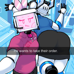 bottomwear clothed clothing crossdressing duo female looking_at_viewer machine male not_furry rear_view screen screen_face selfie skirt text uniform baronflint he_wants_to_order avalon_(baronflint) camelot_(baronflint) humanoid robot robot_humanoid 1:1 meme