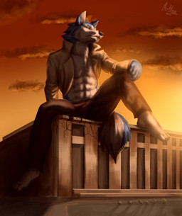 abs anthro bare_chest black_bottomwear black_clothing black_pants blue_body blue_fur bottomwear building clothing cloud cracks damaged_building fur gentle_giant jacket looking_aside macro male muscular muscular_male pants pecs plantigrade realistic realistic_fur sitting sitting_on_building sky solo sunset topwear white_body white_fur apohorse brand_new_animal netflix studio_trigger shirou_ogami canid canine canis mammal wolf 2021 hi_res signature