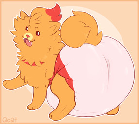 3_toes ambiguous_gender big_diaper border clean_diaper clothed clothing curled_tail diaper diaper_only fangs feet feral fur looking_at_viewer looking_back looking_back_at_viewer multicolored_body multicolored_fur open_mouth open_smile orange_background orange_body orange_border orange_fur orange_inner_ear orange_tail red_body red_fur red_nose simple_background smile solo tail teeth text three-quarter_view toes tongue tongue_out topless wearing_diaper yellow_body yellow_fur qoat nintendo pokemon pokemon_winds_and_waves generation_10_pokemon pokemon_(species) pombon 2026 artist_name hi_res signature