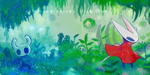 2_horns ambiguous_gender biped black_body cloak clothed clothing colored_outline detailed_background duo empty_eyes grass horn melee_weapon mouthless nail_(weapon) plant red_cloak red_clothing standing text weapon white_text wings blipbugbug hollow_knight:_silksong hollow_knight_(franchise) team_cherry hornet_(hollow_knight) the_knight_(hollow_knight) arthropod mossgrub mossmir vessel_(species) 2025 digital_media_(artwork) english_text hi_res female_(lore) half_sister_(lore) nonbinary_(lore) sibling_(lore) sister_(lore)