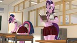 anthro anthrofied book bottomwear classroom classroom_desk clothing desk duo female furniture hair hair_bun horn miniskirt school school_uniform shirt skirt table topwear uniform anthroponiessfm friendship_is_magic hasbro my_little_pony mythology starlight_glimmer_(mlp) twilight_sparkle_(mlp) equid equine mammal mythological_creature mythological_equine unicorn 16:9 3d_(artwork) digital_media_(artwork) hi_res widescreen