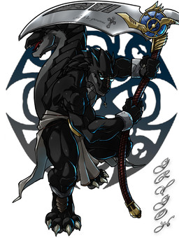 anthro athletic black_body black_skin blue_eyes claws cloth clothing cross cross_necklace eyewear glasses holding_object holding_weapon jewelry looking_away male muscular necklace open_mouth pose robe scales sharp_teeth simple_background smile solo spikes tail tail_mouth teeth tongue unusual_anatomy unusual_tail weapon walter_sache grygon_the_divine_creature_(walter_sache) demon reptile scalie 2011