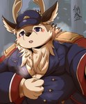 anthro belly big_belly biped blush brown_body brown_fur clothed clothing fur hat headgear headwear humanoid_hands kemono male moobs overweight overweight_male solo yamatoji201 tamacolle kazusa deer mammal 2022 absurd_res hi_res