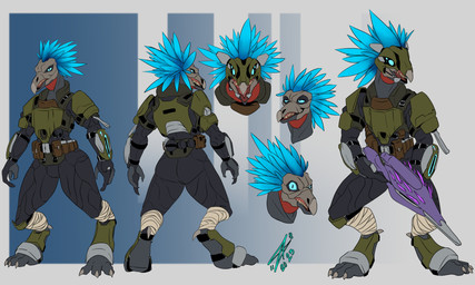 3_fingers 3_toes ankle_wraps anthro armor avian_caruncle beak blue_body blue_eyes blue_feathers bodysuit bulge butt claws clothing digitigrade feather_hair feathered_crest feathers feet finger_claws fingers gun head_crest holding_gun holding_object holding_ranged_weapon holding_weapon male needle_rifle pseudo_hair pupils ranged_weapon sharp_teeth skinsuit slit_pupils solo spurs_(anatomy) standing teeth tight_clothing toe_claws toes weapon saggs312_(artist) halo_(series) microsoft xbox_game_studios alien avian kig-yar scalie t'vaoan absurd_res hi_res model_sheet