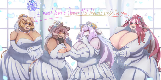 anthro big_breasts biped blonde_hair blue_eyes blush breasts brown_body brown_fur brown_hair cleavage clothed clothing curved_horn dress female female_anthro fur glistening glistening_breasts gloves green_eyes group hair handwear horn huge_breasts hyper hyper_breasts logo long_hair looking_at_viewer open_mouth overweight overweight_anthro overweight_female petals red_eyes red_hair short_hair smile standing text wedding_dress wedding_veil white_body white_clothing white_fur white_gloves white_handwear white_ribbon window yellow_eyes sasanoha6011 amelia_(sasanoha6011) anzu_(sasanoha6011) eleanor_(sasanoha6011) lumeria_(sasanoha6011) bovid bovine caprine cattle domestic_pig goat mammal suid suine sus_(pig) wild_boar absurd_res artist_logo english_text hi_res