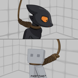 ambiguous_gender anthro big_eyes bodily_fluids crying dialogue duo empty_eyes execution hands_behind_back nude nude_anthro open_mouth padded_room pupils rope rope_around_neck scared simple_background small_pupils standing tears text anonymous_artist casualties:_unknown people_playground expie_(gunsawian) gunsawian humanoid 1:1 comic english_text hi_res meme