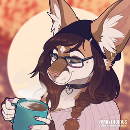anthro big_ears black_clothing black_hat black_headwear brown_body brown_fur brown_hair claws closed_smile clothed clothing container cup eyes_closed eyewear fangs female finger_claws fur glasses hair hat headgear headwear holding_container holding_cup holding_mug holding_object inner_ear_fluff mouth_closed mug pink_claws pink_clothing pink_topwear rectangular_glasses smile solo steam teeth topwear tuft wearing_glasses white_body white_fur white_inner_ear_fluff rayliicious bonnie_(littletira) felid mammal 1:1 2023 bust_portrait dated portrait