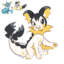 4_toes ambiguous_gender arm_frill black_body black_eyes black_fur chest_tuft dorsal_frill fangs feet feral frill_(anatomy) fur fusion glistening glistening_eyes neck_frill open_mouth pawpads paws quadruped raised_arm reference_inset simple_background sitting snout solo spots tail tapering_tail teeth toes tuft white_background white_body white_fur white_sclera yellow_body yellow_cheeks yellow_mouth yellow_pawpads yellow_spots izzy-paw nintendo pokemon eeveelution emolga generation_1_pokemon generation_5_pokemon hybrid_pokemon pokemon_(species) vaporeon 1:1 hi_res reference_image
