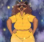 anthro big_breasts black_eyes breasts brown_body brown_fur brown_hair clothed clothing curled_hair curvy_figure detailed_background facial_piercing female fog fur hair hands_on_hips lip_piercing long_hair markings mature_anthro mature_female nails outside pajamas piercing slightly_chubby slightly_chubby_anthro slightly_chubby_female smile solo spots spotted_body spotted_fur thick_thighs voluptuous wavy_hair wide_hips loremsiipsum_(artist) kiera_southpaw ambient_arthropod ambient_insect arthropod beetle elateroid firefly hyena insect mammal spotted_hyena 2021 colored detailed digital_drawing_(artwork) digital_media_(artwork) watermark