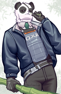 anthro armor armor_plates bamboo belt black_bottomwear black_clothing black_pants blue_clothing blue_jacket blue_topwear bottomwear chewing_grass clothed clothing eye_patch_(marking) facial_markings front_view fur gloves green_necktie handwear head_markings holding_object jacket looking_at_viewer male markings multicolored_body multicolored_fur necktie one_eye_closed pants patch_(marking) shirt simple_background solo standing topwear white_background white_clothing white_shirt white_topwear artlietliet epic_games fortnite fortnite:_battle_royale agent_patch bear giant_panda mammal absurd_res hi_res