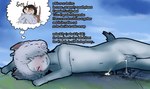 antennae_(anatomy) anthro antlers beige_stripes black_hair blue_body blue_eyes blue_skin blush bodily_fluids brown_body brown_fur chibi city cum cumshot duo ejaculation fangs fur genital_fluids hair horn landscape_dwarfing macro male nipples orange_eyes precum sabertooth_(anatomy) sex tail teeth text thought_bubble wet_dream white_hair teruni-inamor morgenshe novigo_vazda alien deer mammal virelli