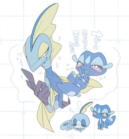 ambiguous_gender anthro blue_body blush blush_lines duo eyes_closed heart_symbol open_mouth pattern_background purple_eyes simple_background sleeping smile sound_effects sparkles tail text tongue vowelless vowelless_sound_effect yellow_eyes zzz saijakuonuru nintendo pokemon pokemon_winds_and_waves gecqua generation_10_pokemon generation_8_pokemon inteleon lizard pokemon_(species) reptile scalie sobble 2026 hi_res japanese_text translated