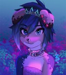 alternative_fashion anthro clothed clothing collar crown dress ear_piercing femboy fur headgear male piercing scene_(fashion) scene_haircut solo text text_on_collar tiara targso rileymutt canid canine canis domestic_dog mammal bust_portrait icon portrait