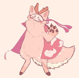 ambiguous_gender anthro antlers big_tail black_pawpads blush cloak clothing cloven_hooves coat hooves horn mask pawpads paws solo tail topwear clockstops3am conditional_dnp fabulous_beasts sibuxiang_the_deer_(fabulous_beasts) canid canine deer fox hybrid mammal better_version_at_source hi_res pink_theme
