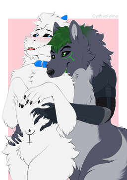 anthro bite blush fur hip_grab inverted_eyes male male/male shoulder_bite white_body white_fur cynthiafeline mythology deneex pluto_(plutonianoutcast) canid canine canis dragon furred_dragon furred_scalie mammal mythological_creature mythological_scalie scalie wolf absurd_res hi_res