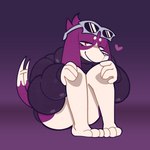 3_toes ambiguous_gender anthro bent_legs bottomless clothed clothing dipstick_tail eyelashes eyewear feet floppy_ears fur head_tuft heart_symbol jacket markings motion_blur purple_background red_body red_eyes red_fur simple_background sitting smile solo sunglasses tail tail_markings tail_motion tailwag toes topwear tuft digboye highball_(digboye) canid canine canis domestic_dog mammal 1:1 2023 nonbinary_(lore)