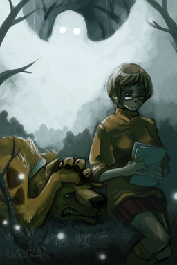 bottomwear brown_body brown_fur brown_hair clothed clothing detailed_background duo eyewear female feral fully_clothed fur glasses hair haunted male orange_clothing orange_sweater orange_topwear plant short_hair sitting skirt sweater toony topwear tree centra hanna-barbera scooby-doo_(series) scooby-doo velma_dinkley canid canine canis domestic_dog ghost great_dane human mammal mastiff molosser spirit undead detailed