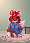 absurd_res anthro blue_eyes box canid canine carpet clothing container diaper female fox fur gwynessa_patienette hi_res hoodie lego liryal looking_at_viewer mammal pawpads paws red_body red_fox red_fur sitting sitting_on_ground smile smiling_at_viewer solo topwear true_fox young