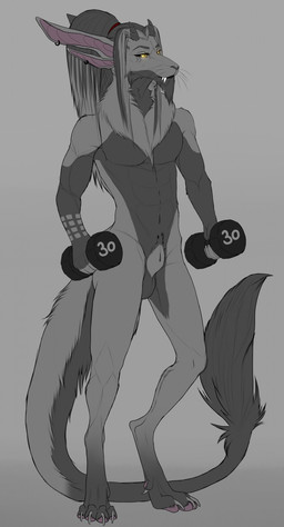 animal_genitalia anthro balls ear_piercing exercise facial_hair fluffy fur genitals glowing glowing_eyes goatee grakoit grey_body grey_fur grey_hair hair horn long_hair male multi_ear multicolored_body multicolored_fur multicolored_hair multicolored_tail muscular muscular_anthro muscular_male nude nude_workout piercing sheath solo standing tail tail_tuft tuft weightlifting weights workout yellow_eyes xredpandax mythology garry_grakoit dragon furred_dragon furred_scalie hybrid mythological_creature mythological_scalie scalie digital_media_(artwork) hi_res