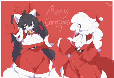 accessory ahoge anthro bell big_breasts biped black_hair bow_accessory bow_tie breasts christmas_clothing christmas_headwear cleavage closed_smile clothed clothing duo eyelashes eyewear female front_view fully_clothed glasses gloves hair hand_holding handwear hat headgear headwear heart_symbol holidays jingle_bell long_hair looking_at_viewer monotone_body mouth_closed narrowed_eyes one_eye_obstructed open_mouth pseudo_horn red_clothing santa_hat simple_background smile standing tail text topwear twintails_(hairstyle) white_body white_ears white_hair white_tail enexofme christmas enex_(enexofme) canid canine fox humanoid mammal 2025 absurd_res artist_name dated digital_drawing_(artwork) digital_media_(artwork) english_text hi_res
