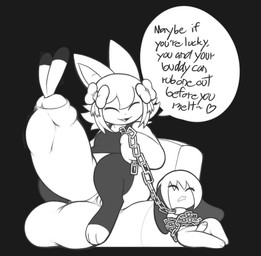 accessory anthro anthro_pred anthro_prey balls big_balls big_penis biped black_background black_clothing black_legwear bound bow_(feature) bow_accessory bow_ribbon chain chained chair chibi clothed clothing cock_vore collar crop_top dialogue digestion digitigrade erection eyes_always_closed eyes_closed femboy floppy_ears foreskin furniture genitals group hair hair_accessory hair_bow hair_ribbon heart_symbol huge_balls huge_penis humanoid_genitalia humanoid_penis hyper hyper_genitalia hyper_penis imminent_death larger_anthro larger_male larger_pred legwear long_ears looking_at_another male male_pred male_prey monotone_hair multiple_prey no_underwear partially_retracted_foreskin penile penis penis_size_difference ribbons shirt short_hair simple_background sitting size_difference smaller_anthro smaller_male smile soft_vore speech_bubble text topwear twin_bows urethral_bulge vore aintsmart walfolomay domestic_cat felid feline felis lagomorph leporid mammal rabbit digital_media_(artwork) english_text greyscale monochrome