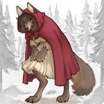 anthro bangs bared_teeth barefoot bow_ribbon claws cloak clothing dark_hair digitigrade dress evil_grin feet female fluffy fluffy_tail forest fusion grin hair hair_over_eye hood hunched_over large_paws looking_at_viewer one_eye_obstructed paws plant red_cloak red_clothing red_hood selective_coloring simple_background smile smiling_at_viewer solo tail teeth teeth_showing tree wavy_hair tateoftot fairy_tales little_red_riding_hood_(copyright) big_bad_wolf little_red_riding_hood canid canine canis mammal wolf 1:1 hi_res