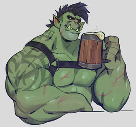 alcohol arm_scar arm_tattoo barazoku beer beer_mug beverage biceps black_hair black_harness blush brown_eyes cheek_scar chest_scar container cup deltoids facial_scar finger_scar forearm_muscles hair hand_scar harness holding_container holding_cup holding_mug holding_object male mohawk mug muscular muscular_humanoid muscular_male not_furry pecs scar scars_all_over shoulder_tattoo smile solo tattoo tusks tritscrits humanoid orc 2022