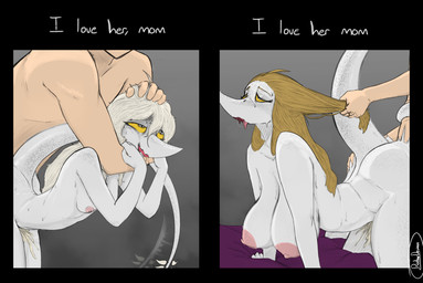 5_fingers abstract_background ahegao anthro anthro_penetrated areola arm_around_neck arm_bite bed big_areola big_breasts big_butt bite blonde_hair bodily_fluids breast_size_difference breasts butt cum cum_in_vagina cum_inside curvy_figure dialogue doggystyle eyelashes faceless_character faceless_human faceless_male female female_on_human female_penetrated fingers freckled_breasts freckled_butt freckled_face freckled_legs freckled_shoulders freckled_tail freckles from_behind_position furniture genital_fluids grey_body grey_scales group hair hair_grab hourglass_figure huge_areola human_on_anthro human_penetrating human_penetrating_anthro human_penetrating_female interspecies leaking leaking_cum light-skinned_male light_body light_skin long_tail looking_pleasured male male/female male_human/female_anthro male_on_anthro male_penetrating male_penetrating_anthro male_penetrating_female mature_anthro mature_female nipples nude nude_anthro nude_female nude_human nude_male on_bed penetration penile penile_penetration penis_in_vagina scales sex smile snout sweat sweatdrop tail tail_motion tail_tuft tailwag teeth text thick_thighs touching_hair trio tuft vaginal vaginal_penetration voluptuous voluptuous_anthro voluptuous_female white_eyes wide_hipped_anthro wide_hipped_female wide_hips yellow_sclera ratherdevious cavemanon_studios snoot_game judee tarja_(snoot_game) dinosaur human mammal prehistoric_species reptile saurischian scalie theropod troodon troodontid 2025 absurd_res artist_name digital_drawing_(artwork) digital_media_(artwork) english_text hi_res watermark daughter_(lore) mother_(lore) mother_and_child_(lore) mother_and_daughter_(lore) parent_(lore) parent_and_child_(lore) parent_and_daughter_(lore)