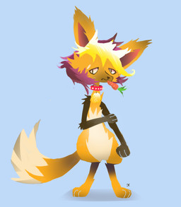 ambiguous_gender anthro blonde_hair blue_background carrot carrot_in_mouth food fur hair plant purple_hair simple_background solo tan_body tan_fur vegetable yellow_body yellow_fur naircat firedash_(cyanide_and_happiness) canid canine fox mammal 2014 digital_drawing_(artwork) digital_media_(artwork) full-length_portrait lineless portrait male_(lore)