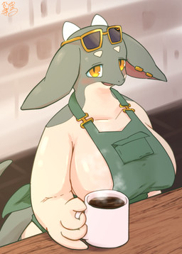 4_fingers anthro apron apron_only beverage big_breasts blush breasts cafe clothed clothing coffee coffee_mug container cup detailed_background ear_piercing ear_ring eyebrows eyelashes eyewear eyewear_on_head fangs female fingers floor floppy_ears furniture green_apron green_clothing grey_body hairless high-angle_view holding_object horn huge_breasts kemono looking_at_viewer non-mammal_breasts orange_eyes piercing pupils ring_piercing side_boob slightly_chubby slightly_chubby_anthro slightly_chubby_female slit_pupils smile smiling_at_viewer snout solo steam sunglasses sunglasses_on_head table tail tan_body teeth three-quarter_view tile tile_floor triangle_eyebrows white_eyebrows kuchiba_shuu vcrow_shuu mythology latte_(sme4) dragon mythological_creature mythological_scalie scalie wingless_dragon 2025 hi_res signature