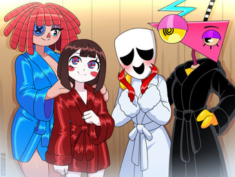 ambiguous_gender bathrobe bathrobe_only black_bathrobe black_clothing black_robe blue_bathrobe blue_clothing blue_robe blush blush_stickers breasts brown_hair button_(fastener) button_eyes cleavage clothed clothing doll drama_mask female for_a_head group hair hand_on_shoulder hands_on_shoulders mask multicolored_eyes pink_head red_bathrobe red_clothing red_hair red_robe robe smile triangle_head triangle_nose white_bathrobe white_clothing white_mask white_robe wood_paneling nico_neko nicolasgravelqc glitch_productions the_amazing_digital_circus gangle_(tadc) pomni_(tadc) ragatha_(tadc) zooble_(tadc) animate_inanimate human humanoid living_doll living_mask living_toy mammal object_head 2025 4:3 hi_res female_(lore) nonbinary_(lore)