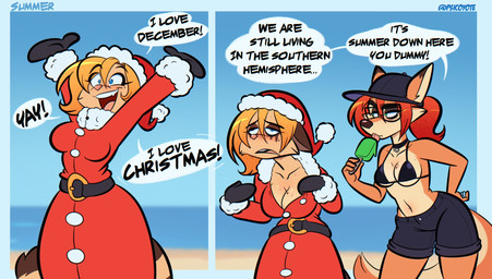 4_fingers anthro beach belt bikini bikini_top biped blonde_hair blue_eyes bodily_fluids bottomwear breasts cheek_tuft christmas_clothing christmas_headwear cleavage clothed clothed_anthro clothed_female clothing coat collar collarbone countershade_face countershade_neck countershade_tail countershade_torso countershading dialogue duo eye_through_hair eyebrow_through_hair eyebrows eyelashes eyelashes_through_hair eyewear facial_tuft female female_anthro fingers food fully_clothed fully_clothed_anthro fully_clothed_female fur glasses gloves green_eyes hair hand_on_hip handwear hat headgear headwear heat_(temperature) holidays linked_speech_bubble makeup markings mascara mittens mole_(marking) mole_on_breast mole_under_eye navel open_mouth open_smile orange_body orange_fur pink_nose popsicle red_hair running_makeup running_mascara santa_hat shorts smile speech_bubble summer sweat swimwear tail tan_body tan_fur text toony topwear translucent translucent_hair triangle_bikini tuft two-piece_swimsuit wearing_glasses wearing_gloves psicoyote christmas cassandra_(psicoyote) veronica_(psicoyote) canid canine domestic_cat felid feline felis fox mammal 2025 artist_name comic english_text hi_res