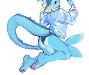 anthro anthrofied butt clothing female lace lace_panties panties pawpads paws pokemorph rear_view shirt solo topwear translucent translucent_clothing underwear yummy_korzh nintendo pokemon eeveelution generation_1_pokemon pokemon_(species) vaporeon hi_res