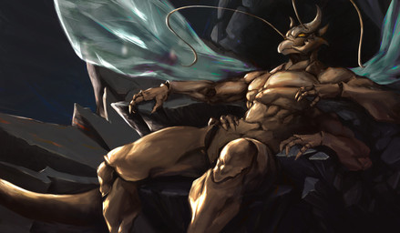 4_arms antennae_(anatomy) anthro brown_body chair claws featureless_crotch furniture humanoid_hands long_antennae long_tail male multi_arm multi_limb rock solo tail throne wings yellow_eyes myneonone arthropod insect hi_res