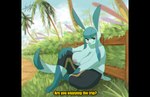 anthro areola big_breasts blue_body blue_eyes breasts clothed clothing eyelashes female filter grass hair huge_breasts looking_at_viewer nipples outside palm_tree plant sagging_breasts shrub sitting sky smile solo text topless tree blulesnsfw nintendo pokemon canid eeveelution generation_4_pokemon glaceon mammal pokemon_(species) 2022 absurd_res artist_name digital_media_(artwork) hi_res signature