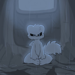 4_fingers ambiguous_gender anthro black_sclera blue_eyes cheek_tuft facial_tuft fin fingers fluffy fluffy_tail fur grey_background looking_at_viewer narrowed_eyes on_rock outside raining rock simple_background sitting sitting_on_ground solo tail tuft wet wet_body white_body white_fur white_tail unknown_artist casualties:_unknown aquatic canid canine gunsawian hybrid mammal milky_(gunsawian) 1:1 animated