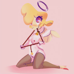 anthro beads bell bell_collar blush bodily_fluids breasts clothing collar cross eyelashes eyeshadow female fur genitals hair halo hooves kneeling legwear makeup nipples pink_background pink_eyes prayer_beads simple_background smile solo sweat thigh_highs vulva white_body wings unknown_artist hellaverse helluva_boss keenie_(helluva_boss) angel bovid caprine cherub mammal sheep 1:1 full-length_portrait portrait