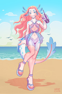 ambiguous_gender anthro beach beverage blue_eyes bubble_tea clothing femboy footwear freckles hair lace_pattern long_hair multicolored_body pink_hair sandals sea seaside shadow shoes skinny sky slim smile solo summer swimwear water nayechan mythology delilah amphibian axolotl dragon hybrid marine mole_salamander mythological_creature mythological_scalie salamander scalie absurd_res hi_res nonbinary_(lore) trans_(lore)