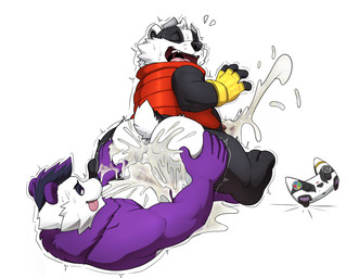 anal anal_penetration anthro anus belly big_butt black_body blue_eyes bodily_fluids butt butt_grab clothing controller cum cum_in_ass cum_inside cumshot ejaculation eye_contact eyes_closed fingerless_gloves fur genital_fluids genitals gloves hair hand_on_butt handwear happy looking_at_another looking_pleasured male male/male messy multicolored_body multicolored_fur nude penetration penile penile_penetration penis penis_in_ass purple_body purple_eyes sitting_on_another slightly_chubby smile smiling_at_another smiling_at_partner tongue tongue_out seyrmo bradley_the_badger_(game) bradley_(bradley_the_badger) panfluff_(xpanda6) badger bear giant_panda mammal mustelid musteline hi_res