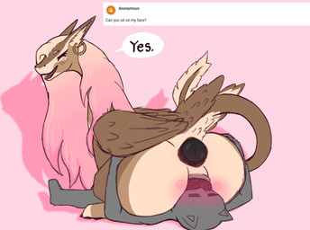 ambiguous_gender anal anal_penetration animal_genitalia animal_vulva anthro anthro_on_feral anus bestiality big_butt black_pawpads black_vulva brown_body brown_feathers brown_fur butt buttplug buttplug_in_ass buttplug_insertion canine_genitalia canine_vulva cunnilingus duo faceless_character faceless_male feathered_wings feathers female female/ambiguous female_on_anthro feral fur genitals male male_on_feral mane multicolored_mane object_in_ass oral pawpads penetration pink_mane plug_(sex_toy) plug_insertion purple_anus raised_tail sex sex_toy sex_toy_in_ass sex_toy_insertion tail text vaginal vulva white_body white_fur white_mane wings fiftyfifthfleet mythology anonymous_character neia_palitan dragon furred_dragon furred_scalie humanoid mythological_creature mythological_scalie paradrakes_(species) scalie hi_res