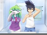 3_fingers ahoge bathroom bed_hair black_hair bottomless brush brushing brushing_teeth clothed clothing contact_onomatopoeia detailed_background different_sound_effects drowsy duo eyes_closed female fingers green_hair hair hand_behind_head male morning not_furry onomatopoeia pajamas print_clothing print_shirt print_t-shirt print_topwear scratching_sound_effect shirt shirt_only sleeping sound_effects t-shirt t-shirt_only text text_on_clothing text_on_shirt text_on_t-shirt text_on_topwear text_print topwear topwear_only towel vowelless vowelless_sound_effect zzz enrique849 nintendo pokemon ailin_gardevoir enrique gardevoir generation_3_pokemon human humanoid mammal pokemon_(species) 2020 hi_res signature