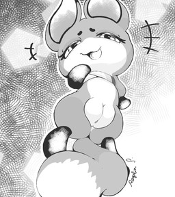 anthro bottomless clothed clothing countershading female floating genitals looking_at_viewer low-angle_view manga_style plump_labia smug_expression solo topwear topwear_only vulva regal_phantom miraculous_ladybug trixx_(miraculous_ladybug) canid canine fox kwami mammal true_fox greyscale hi_res monochrome