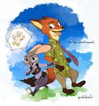 anthro clothed clothing female fur green_eyes male orange_body orange_fur police police_uniform purple_eyes uniform ydk1226 disney zootopia judy_hopps nick_wilde canid canine fox lagomorph leporid mammal rabbit red_fox true_fox 2017 hi_res